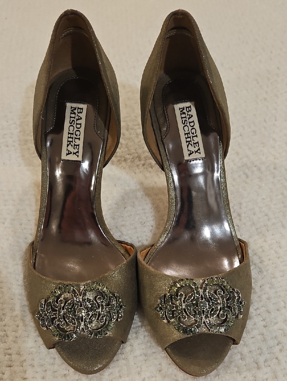 Badgley Mischka Metallic Pewter D'Orsay Peep-Toe Heels with Jeweled Appliqué